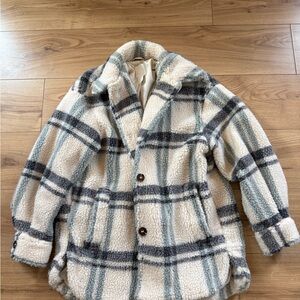 H&M Cream and Gray Plaid Teddy Jacket